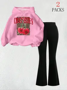 Y2K Campus Sweet Spicy Cherry Set, Oversized Hoodie with Vintage Cherry Leopard Print, High Waist Bell Pants, Casual School