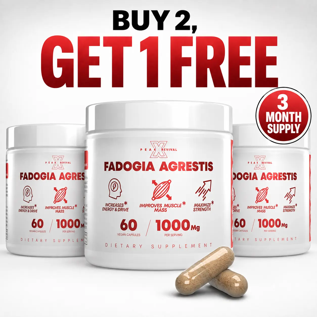 Peak Revival-X 3-Month Transformation Boost Stack (3 Pack) – Fadogia Agrestis Dietary Supplement, 1000mg Per Serving, 180 Total Capsules, Non-GMO, Gluten-Free, Fitness, Healthcare, No Artificial Flavor, Adults, 3‑Month Stack