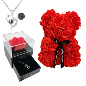 Artificial Rose Bear & Necklace Gift Box Set, 1 Set Romantic Gift Box with Bear & Rose & Necklace, Gift for Girlfriend Boyfriend Couple, Party Supplies, Jewelry, Love Heart Necklace, Heart Shaped Necklace, Jewelry Accessory