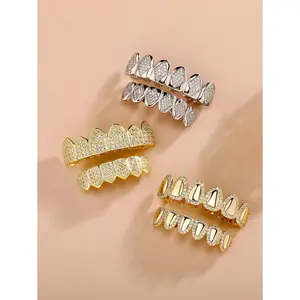 2pcs Copper Rhinestone Diamond Shape Grillz Set, Hiphop Style Plain 6-Teeth Grill Suitable For Men And Women, Daily Wear And Summer Gift Oral