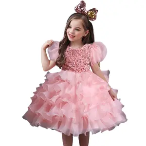 Girls Sparkling Sequin Princess Dress Puff Sleeves Halloween Christmas Dance Performances Formal Dresses for Youngsters Stage Performance Skirt with Positioning Holes