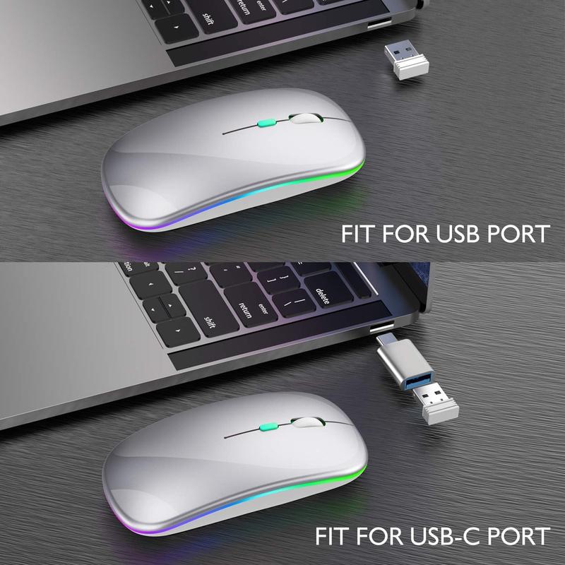 Wireless Bluetooth Mouse Rechargeable, Dual Mode 2.4GHz USB & Bluetooth 5.2, Ergonomic Silent Click Optical Mouse for Laptop PC, Silver