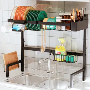 Over The Sink Dish Drying Rack, Expandable Height and Length, 2 Tier Large, Stainless Steel, 24-35.5 inches L x 12 inches W x 19-22 inches H Organiser