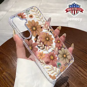 Clear Phone Case Compatible with Galaxy S23 Ultra S24 Plus FE S25 S22+ Brown Flowers Pattern Hard Acrylic Back Soft Silicone Edge Drop-Proof Lightweight Cell Phone Cover