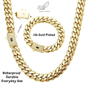 14K Real Gold-Plated Miami Link Cuban Necklaces and Bracelets Waterproof Abrasion-resistant Fade-resistant Diamond clasp Stainless steel chain Hip-hop style Width: 6/8/10/12/14 mm For both men and women The Perfect Gift jewelry E