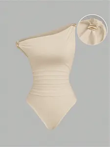 Elegant Specialty Off-Shoulder Women's Slim Fit Fitted Chic Bodysuit with Metal Buckle