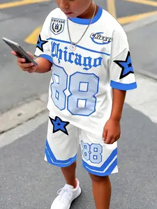 Boys' Blue All-Over Printed Short Sleeve Tracksuit Set, Sporty Breathable Outfits, Fitted Casual, Ideal for Outdoor Activities & Daily Wear