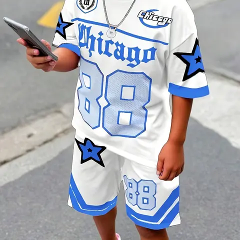 Boys' Casual Blue Printed Set, Fashionable Short Sleeve T-Shirt and Track Shorts, Outdoor Kids Clothing, Comfortable and Stylish, Sportswear Set, Clothes Kids