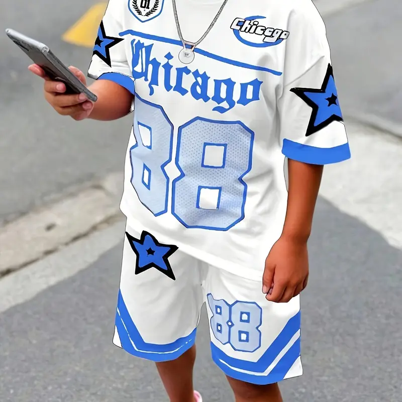 Boys' Casual Blue Printed Set, Fashionable Short Sleeve T-Shirt and Track Shorts, Outdoor Kids Clothing, Comfortable and Stylish, Sportswear Set, Clothes Kids