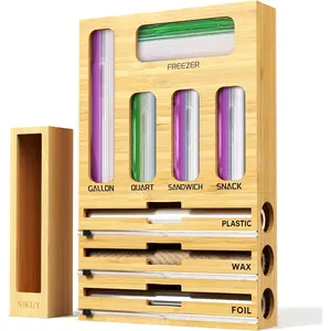 9 IN 1 Bamboo Foil and Plastic Wrap Organizer for Kitchen Drawer, Plastic Bag Organizer Organization and Storage, Food Storage Bag Organizer with Labels for Quart Gallon Snack Sandwich Bag