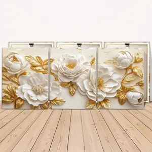 3 Counts Wooden Framed Canvas Painting, Elegant White And Gold Flower Images, Floral Aesthetic Pattern, Exquisite Poster, Perfect Living Room Decoration, Modern Art, Fashion Family Poster, Wall Art Decoration, Waterproof Art