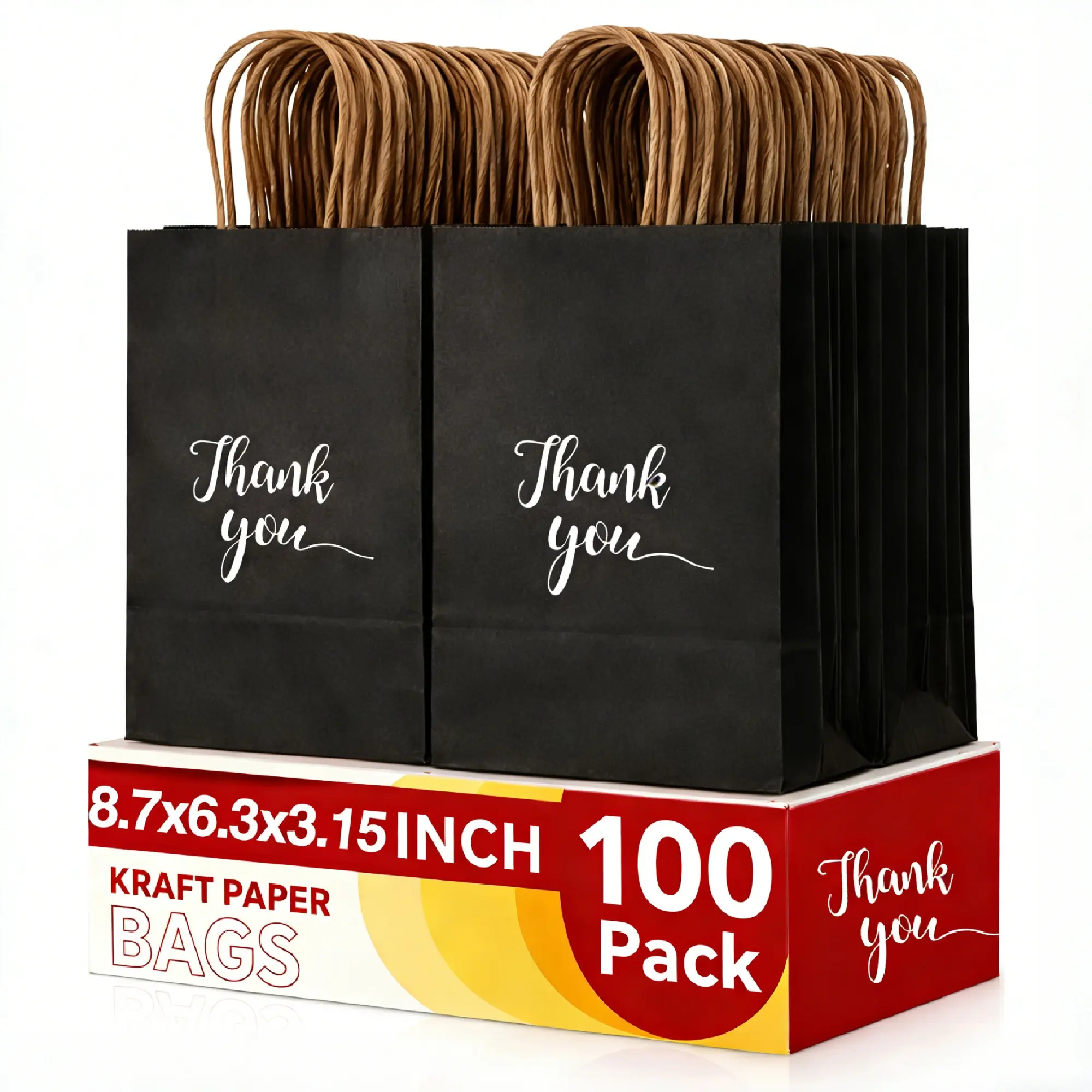 Medium Thank You Paper Gift Bags with Handles, Bulk Purchase, Party Favors, Grocery Retail, Shopping, Wedding Decor, Party Packs, Gift Wrapping Supplies, 100 Pack