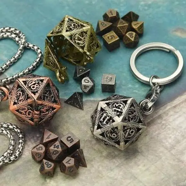 LARGE HOLLOW METAL D20 CAGE NECKLACE WITH MICRO MINI METAL DICE SET