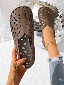 Women's Elegant Stylish Cutout Design Flat Shoes, Comfortable Rubber Sole, Microfiber Fabric, Fashion All-Season Slip-On, Round Toe, Spring & Fall