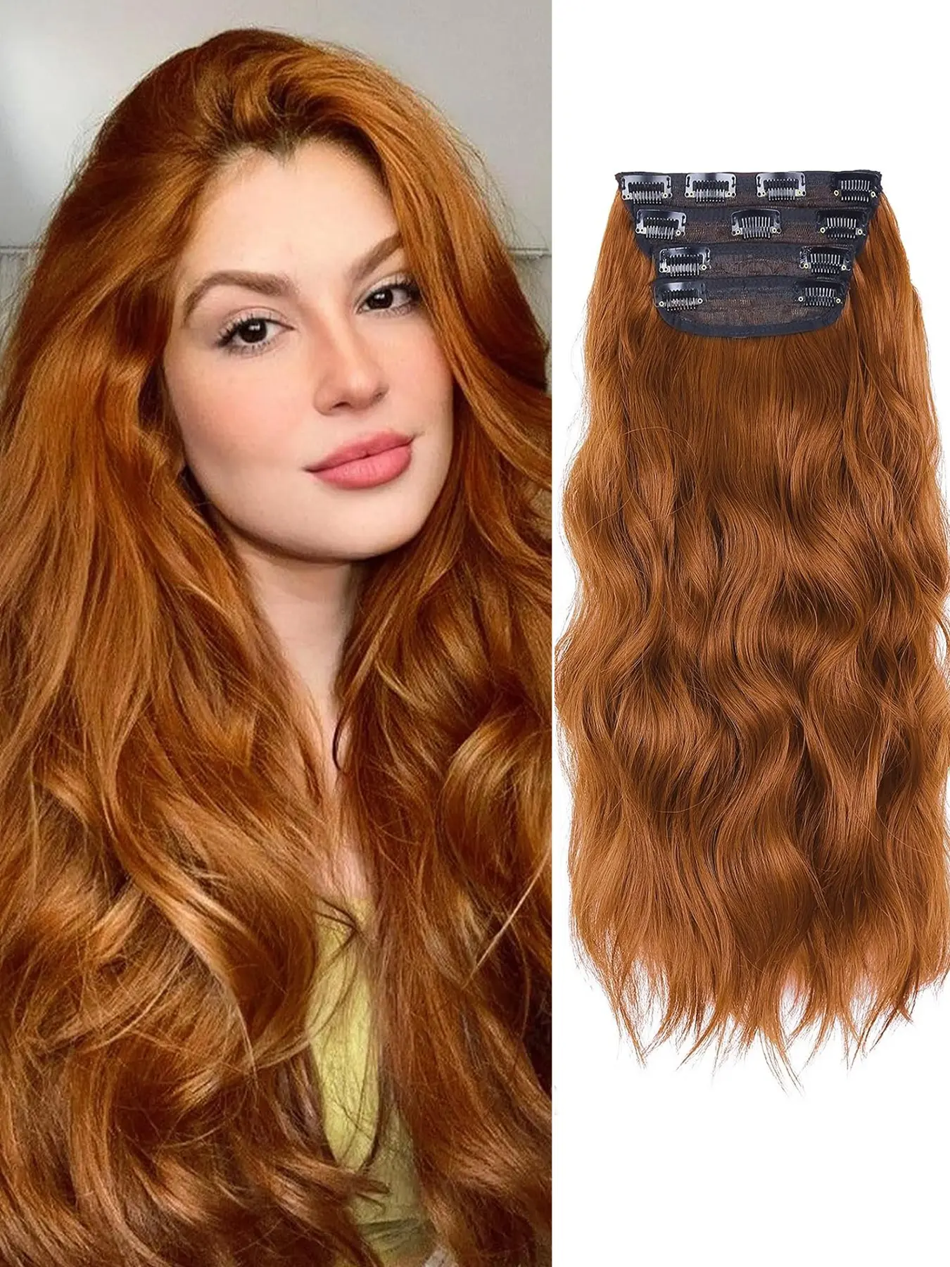 20 Inch Long Wavy Clip-In Hair Extensions, Body Wave Extensions, 4pcs Copper Vibrant Synthetic Hair, Thick Natural Soft Realistic Fiber Hairpieces Easy to Apply for Women