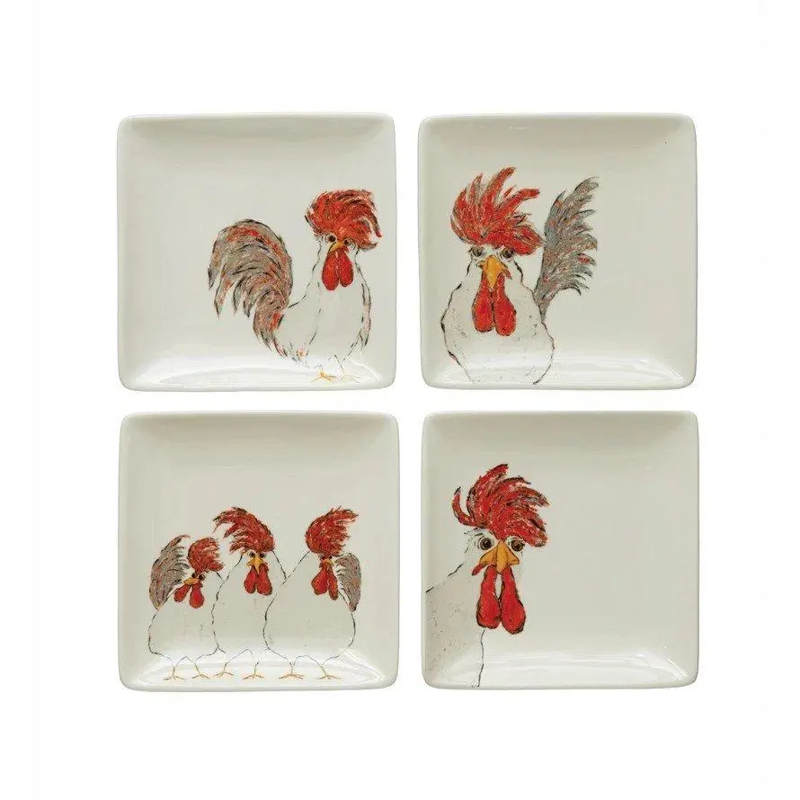 Square Stoneware Plate with Chicken Motif, Decorative Kitchen & Dining Tableware, Square Plate