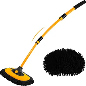 15° Curved Car Wash Brush with 43" Long Handle Extension Pole 2 in 1 Microfiber Cleaning Mop for RV Truck SUV Wheel Boat Exterior Interior Detailing No Scratch Paint Yellow
