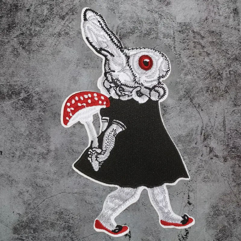 Rabbit Holding Mushroom Embroidered Patch, Back Adhesive Iron-On Applique Patches, Suitable for Clothes Jackets Hats Accessories