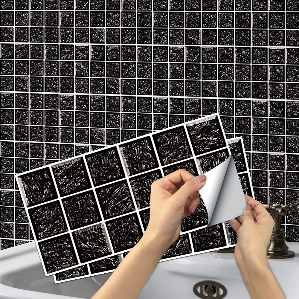 6/12/24/48 PCS FG Retro Tile Stickers Black Silver Checkered Embossed Pattern PVC Crystal Film Self-Adhesive Waterproof Oil-Proof Splashback for Kitchen Bathroom Floor Tile Wood Home Decoration