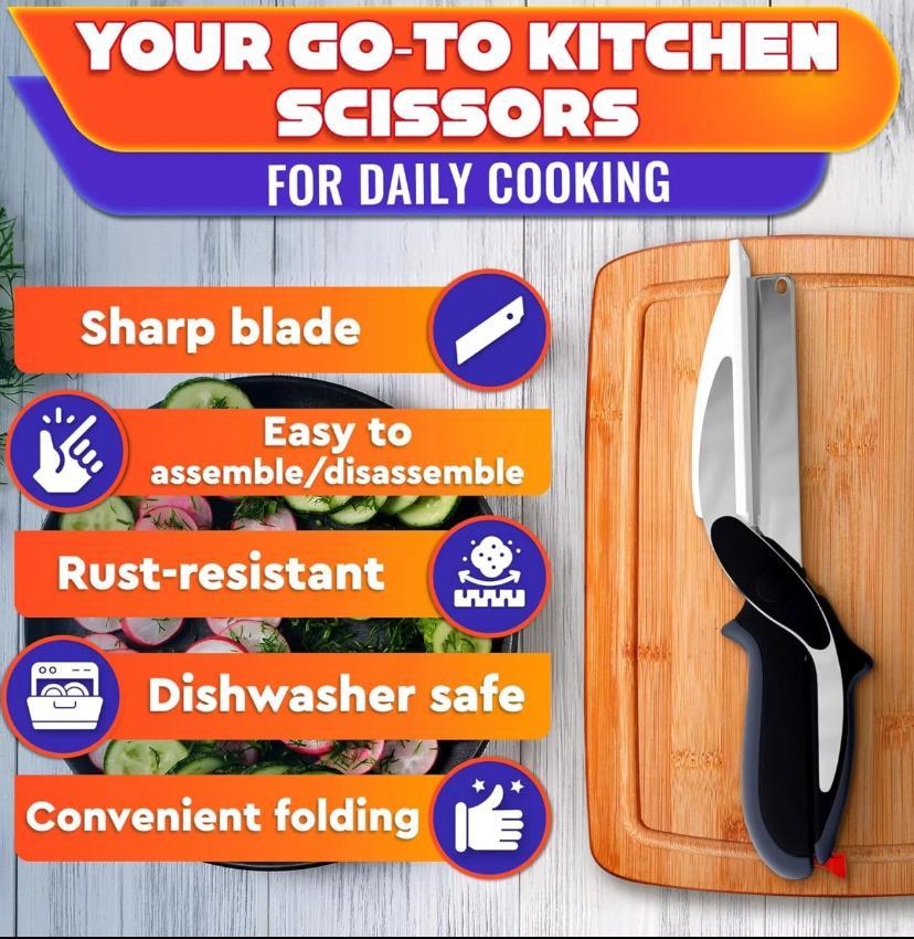 2-in-1 Kitchen Scissors with Built-In Cutting Board, Stainless Steel Food Shears with Safety Lock, Easy Cutter for Meat, Chicken, Vegetables, Fruit and Cheese