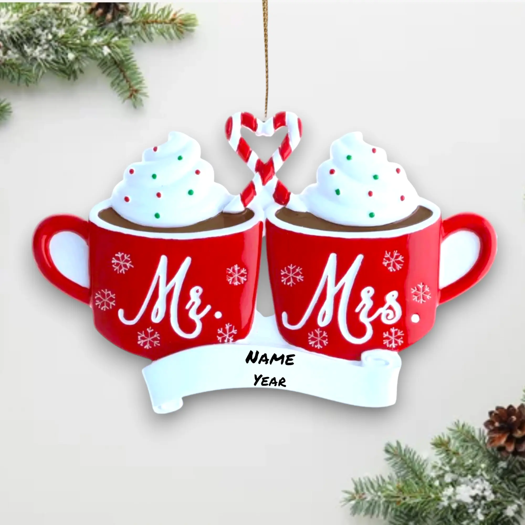 Personalized Mr. & Mrs. Hot Cocoa Christmas Ornament – Custom Name & Year – Newlywed Couple Holiday Gift 2025