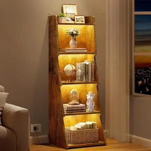 5-Tier Open Bookcase and Bookshelf with LED Light, Floor Standing Display Storage Shelves, Wood Modern Display Organizer for Home Office, Living Room, Bedroom, Study, Rustic Brown