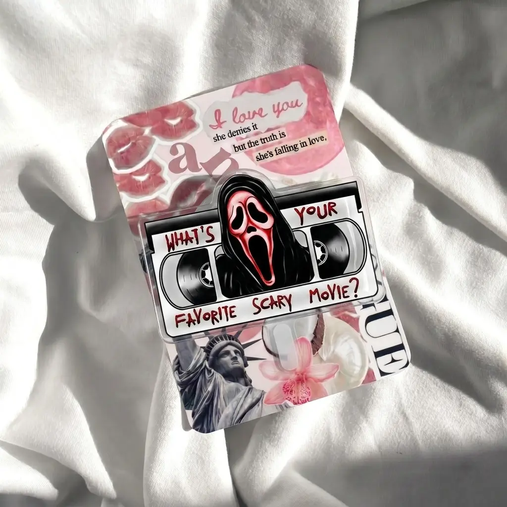 Retro Slasher Mask Kindle Phone Grip | Favorite Scary Movie Phone Stand | Vintage 90s Cassette Tape E-Reader Holder | Pastel Goth Spooky Accessories Birthday Gift for Horror Fans