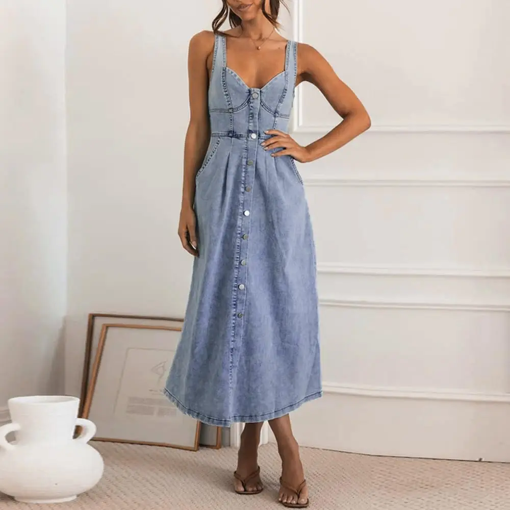 utcoco Women's Minimalist Denim Dress, Sleeveless Button-Down Slim-Fit Midi Jean Dress for Lady, Comfortable Casual Wear with Stylish Design 2026 - TikTok Shop utcoco Women's Minimalist Denim Dress, Sleeveless Button-Down Slim-Fit Midi Jean Dress for Lady, Comfortable Casual Wear with Stylish Design 2026 - TikTok Shop
