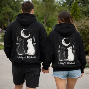 [PLEASE ADD NOTE NAME] Personalized Name, Cat Lover Matching Couple Hoodies, Moon Cat Aesthetic, Romantic Gift for Couples Anniversary