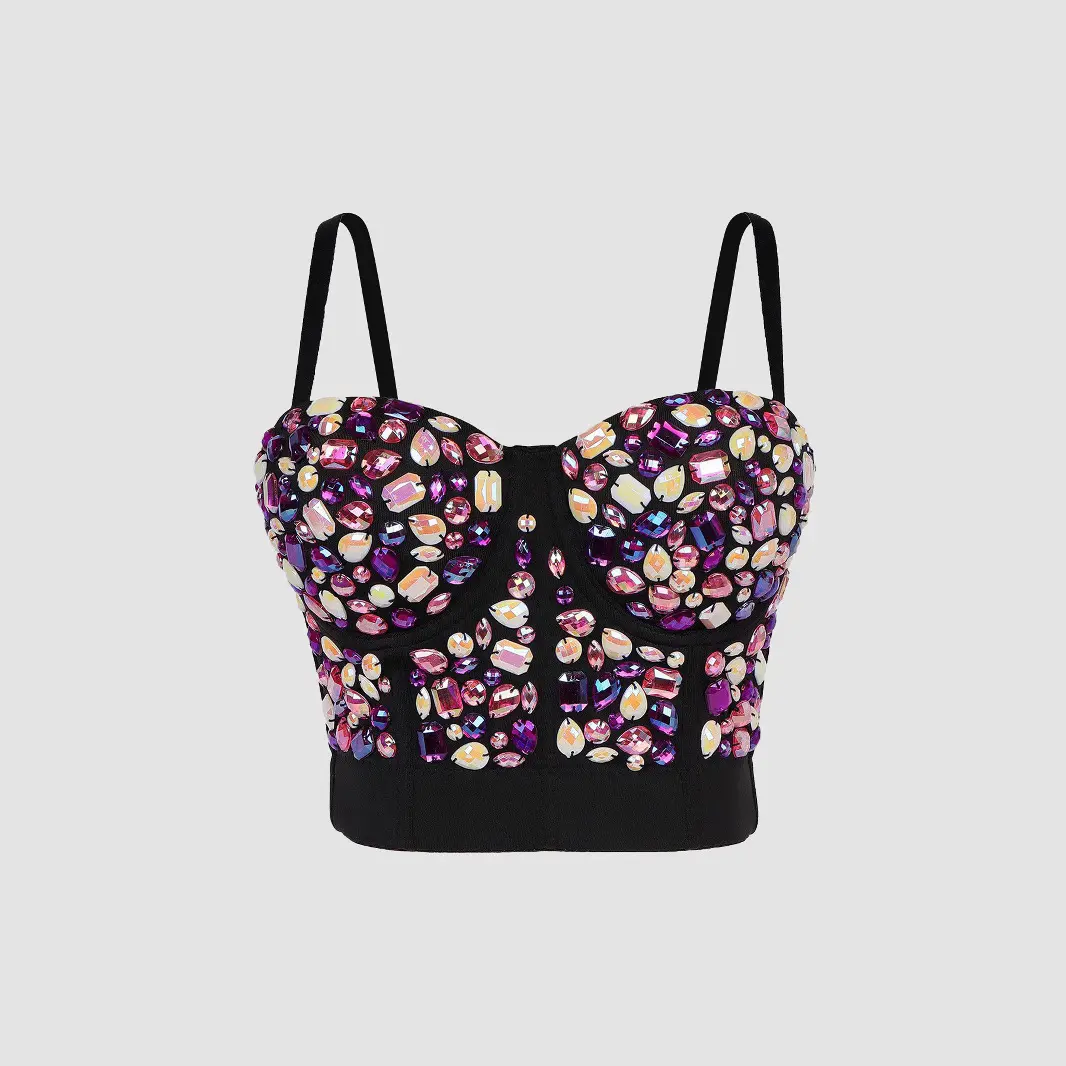 Beaded Corset Crop Top, Women's Sleeveless Handmade Bustier with Glistening Acrylic Rhinestones & Fishbone Structure for Rave & Stage Outfits