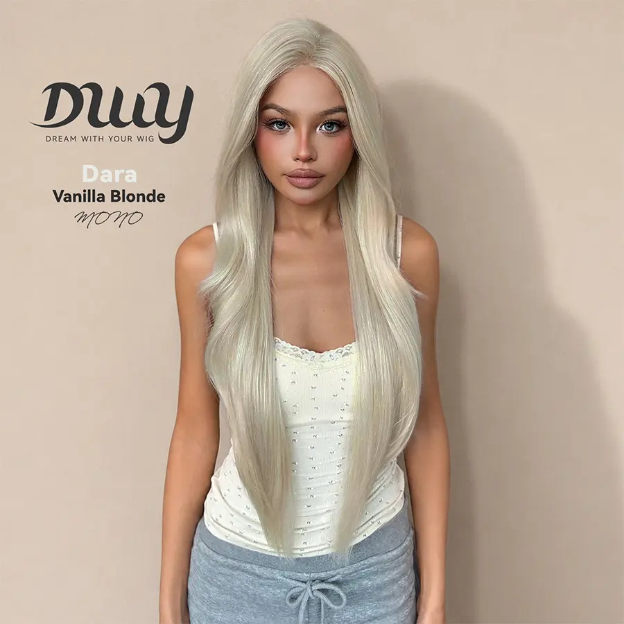 Dara - NEW! DWY Mono Lace Front Free Part Long-Length Wavy Blonde Glueless Synthetic Wig for Women 28 Inches Autumn Outfits Blonde Wigs Curly Wavy Blonde