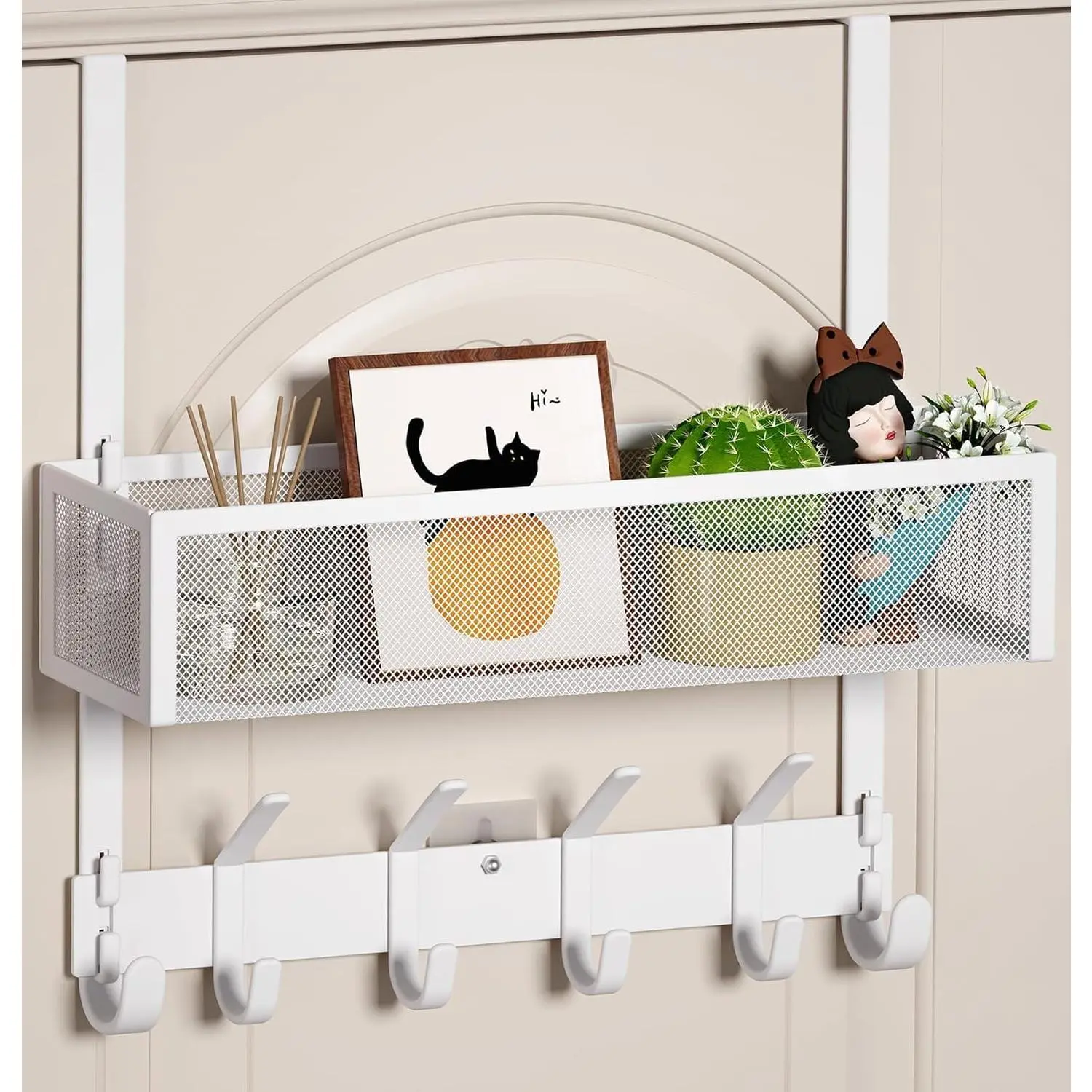 Over The Door Hooks Organizer, Over The Door Towel Rack with Mesh Basket, 10 Coat Hooks and 2 Wreath Hangers, Bathroom Door Organizer  of Door Hanger for Bedroom, Kitchen(White)