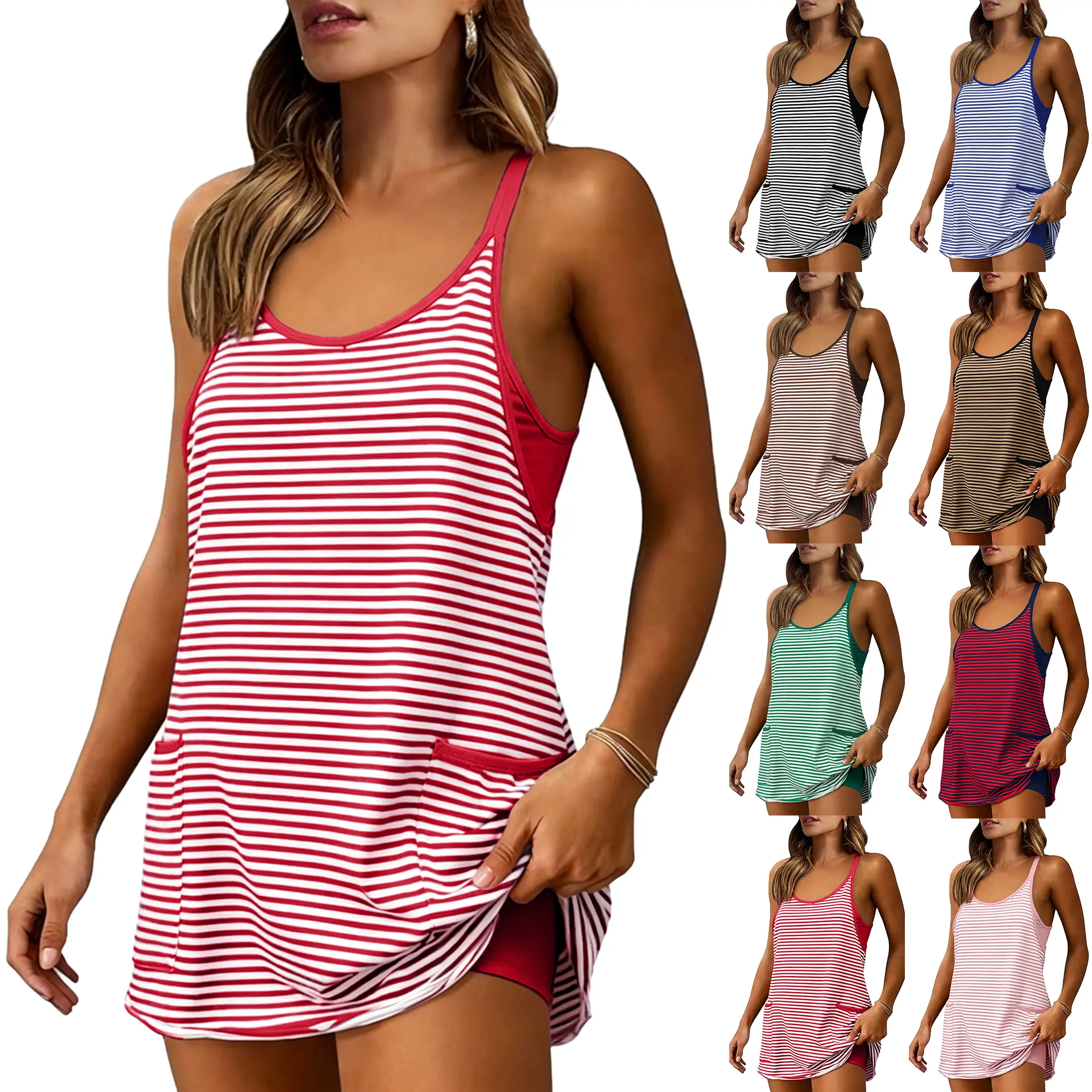 Bienmorn women’s summer athletic mini dress — sleeveless, V-neck, built-in shorts, striped tennis workout vacation
