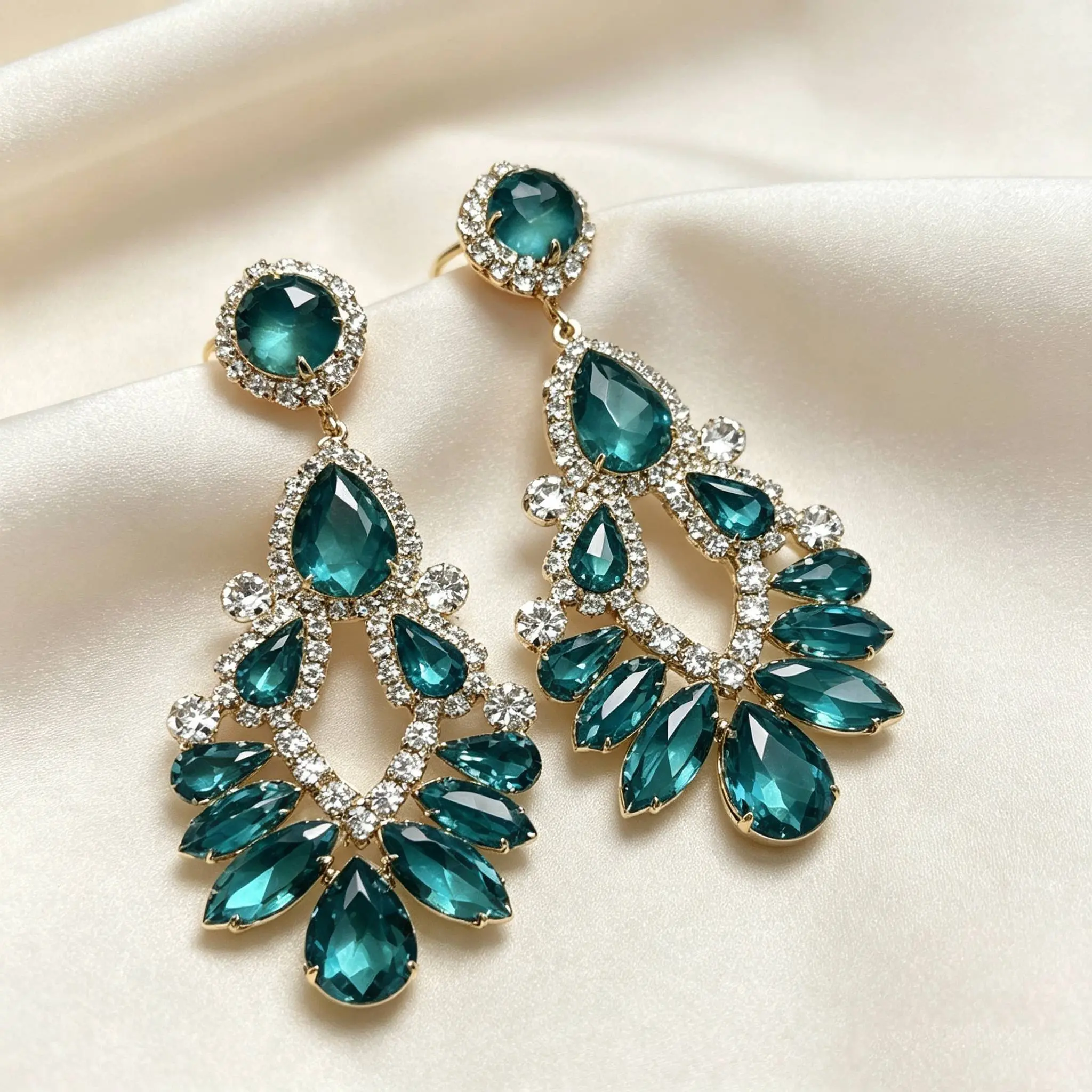 Women's Classic Teal Crystal Gems Earrings with Rhinestones, Artificial Gemstone Jewelry Accessories for Special Events