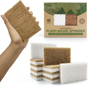 10 Pack Biodegradable  Kitchen Sponge - Compostable Cellulose and Coconut Walnut Scrubber Sponge -  Sponges for Dishes