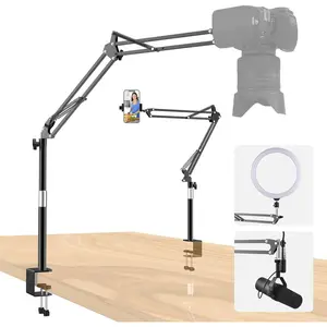 Overhead Camera Mount Desk Stand Vertical Telescopic Alloy Pole Locking Function 360?Adjustable Flexible Camera Arm Heavy duty C Clamp Tabletop Mount for DSLR Camera/Webcam/Microphone/Lights