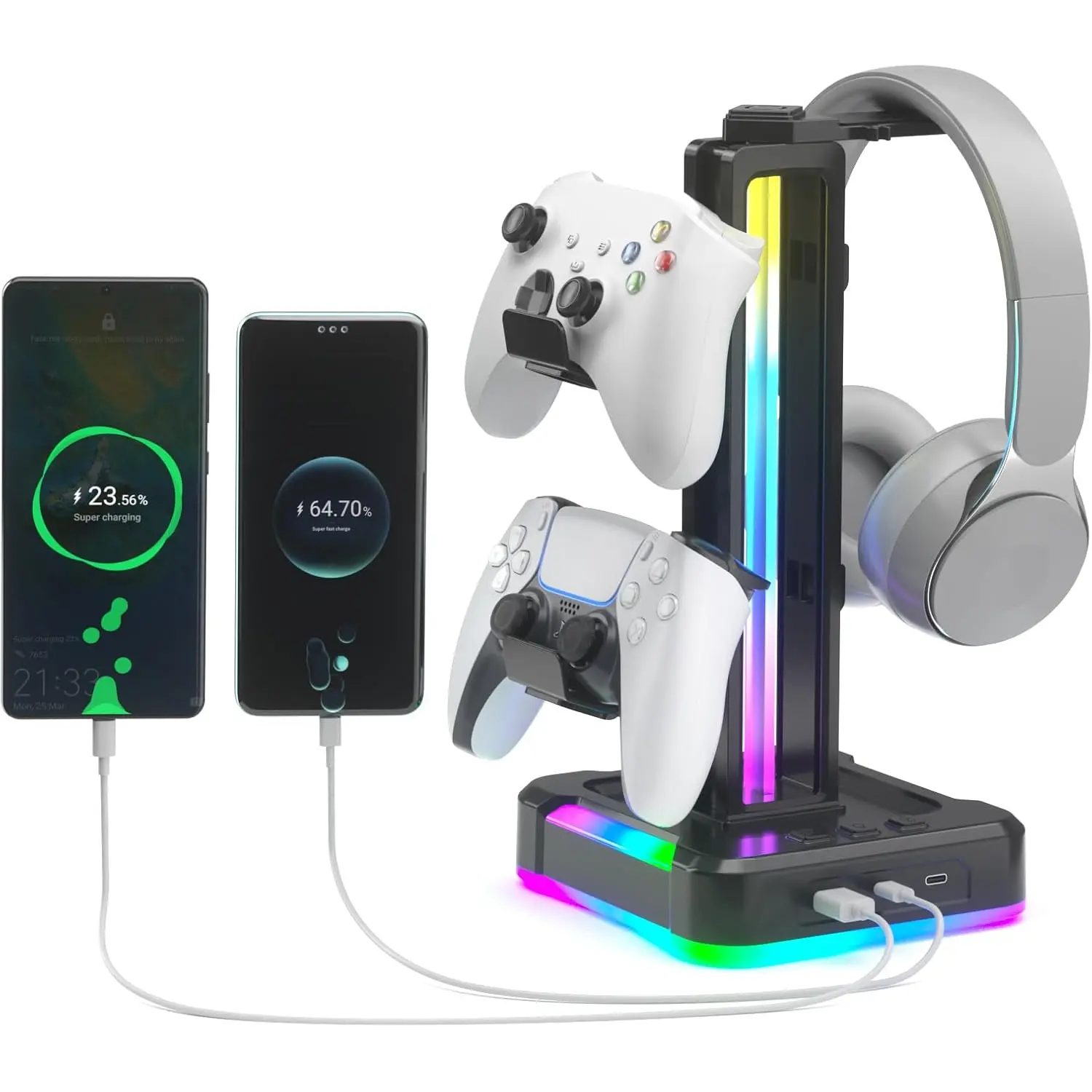 Gaming Headset+Stand & Controller Charging Dock, Multi-Port Console Accessory with 2 Type-C and 1 USB Connections