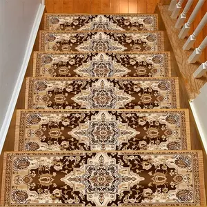 Vintage Brown Toned Pattern Printed Stair Mat Rug Set, Suitable for Indoor And Outdoor Stairs, Multi-Scene Use for Wood Or Hard Surfaces, Anti-Slip Stair Carpet, Stair Protection Carpet, Edge Trimmed Stair Mat for Home Decoration