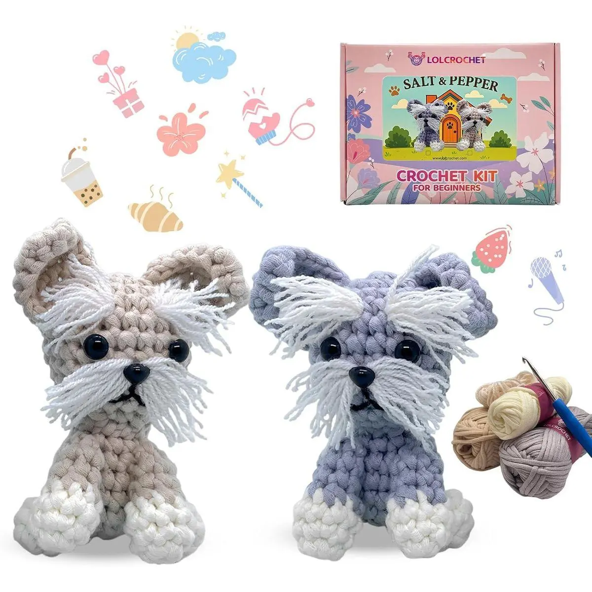 Dog Crochet Kit for Beginners, Learn Crochet Animal Kit, Include Video Tutorial & Manual, Easy Knitting Yarn for Adult, DIY Holiday Birthday Gift Idea(2pack Schnauzer Puppy)