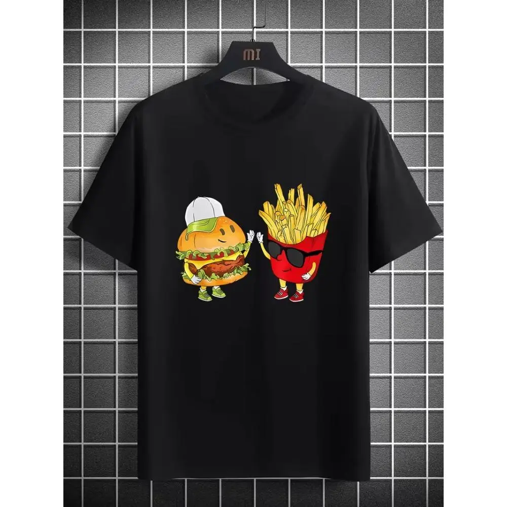 Women's Graphic T-Shirt, Casual Solid Round Neck Shortsleeve Top in Smooth Lightweight 100% Cotton with Burger & Fries Print, Fabric, All Seasons, Foldable, Machine Washable