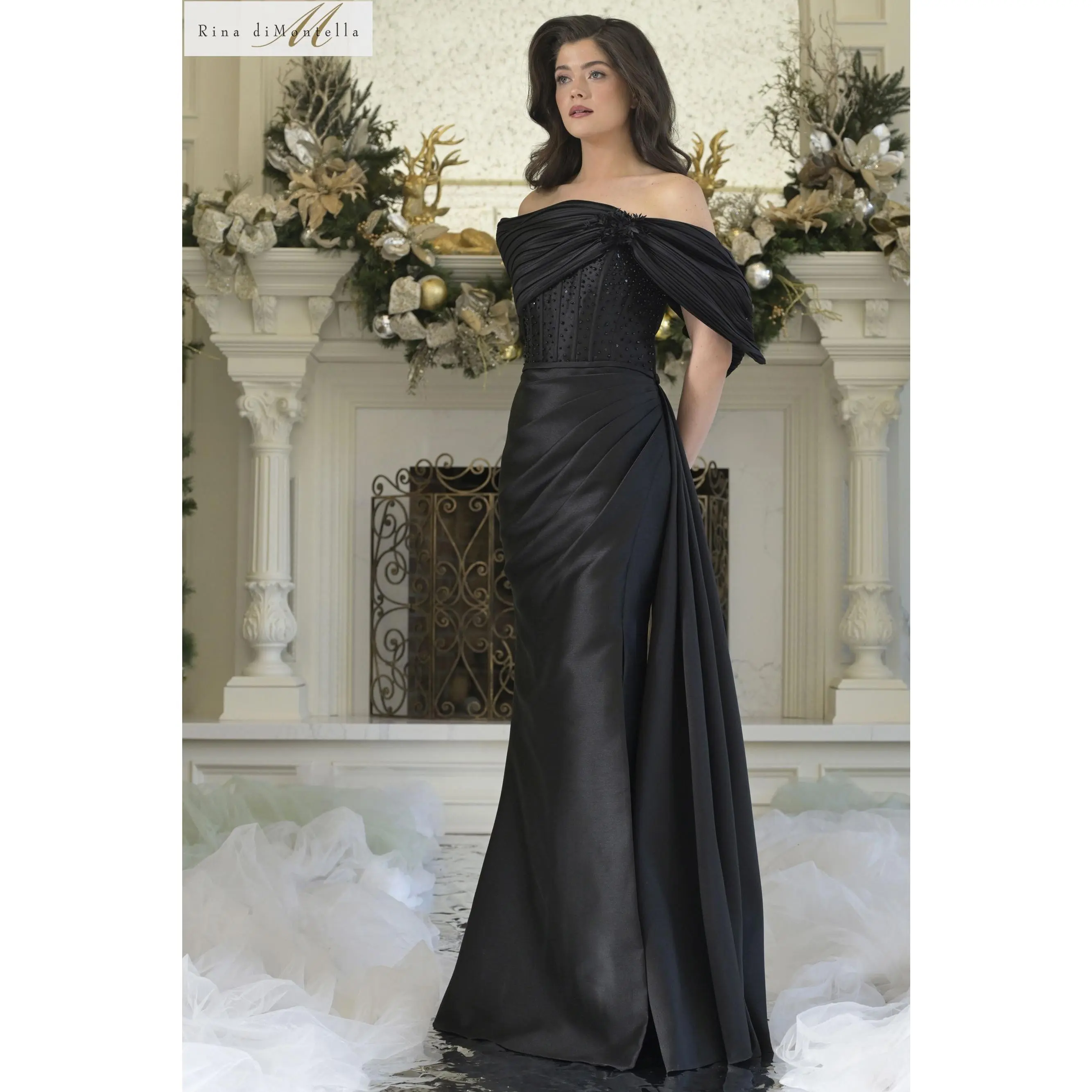 Rina Di Montella -RD3309-1 Off Shoulder Pleated Sheath Gown