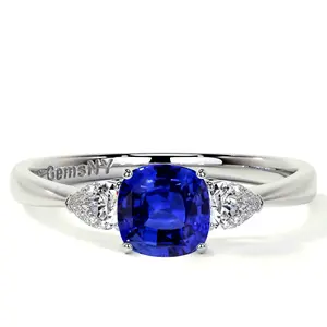 Square Cushion Blue Sapphire Three Stone Ring With Pear Shape Side Diamonds (1.09cttw)- RBS061-5X5-AAAA