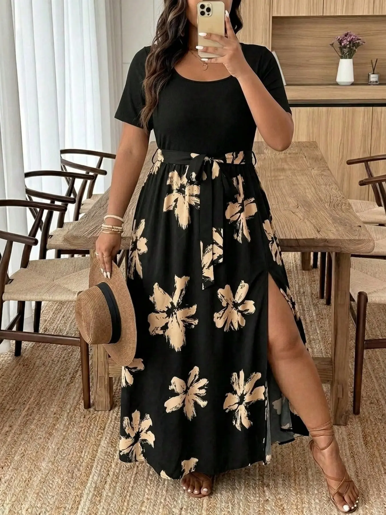 Plus Size Solid & Floral Patchwork Print Short-Sleeve Dress, Comfortable and Stylish, Perfect for Vacation, Beach, Everyday & Casual Wear