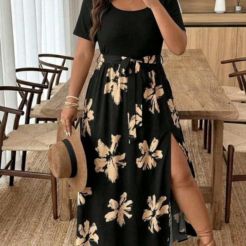 Plus Size Solid & Patchwork Print Short-Sleeve Dress, Comfortable and Stylish, Casual Boho Chic, Bohemian Style, Perfect for Vacation, Beach, Everyday & Casual Wear