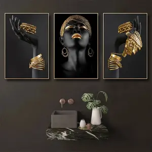 3pcs/set Frameless Black Modern Artistic Golden African Woman Canvas Wall Art Paintings Fashion Girl Luxury Poster and Prints Living Room Home Decor Cuadros