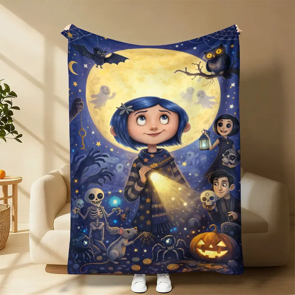 Coraline Cartoon Printed Blanket, Bed Throws Flannel Travel Blanket, Warm Beautiful Flannel Soft and Comfortable Blanket Home Travel Blanket, Adults Kids Holiday Birthday Xmas Christmas Party Gifts, Cozy Throw Blanket for Bedroom Sofa Couch Dark Fantasy