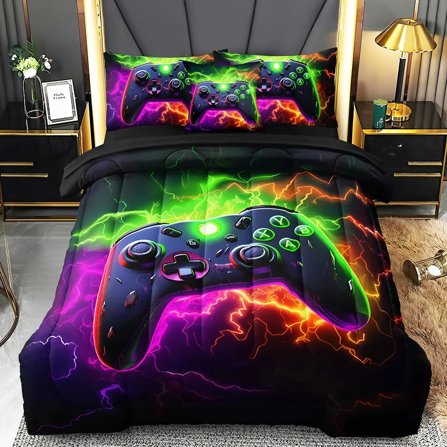 Full Gamer Bedding Sets for Boys Teen, 4 count Full Size Gaming Comforter Set for Boys Full Szie Bedding Set