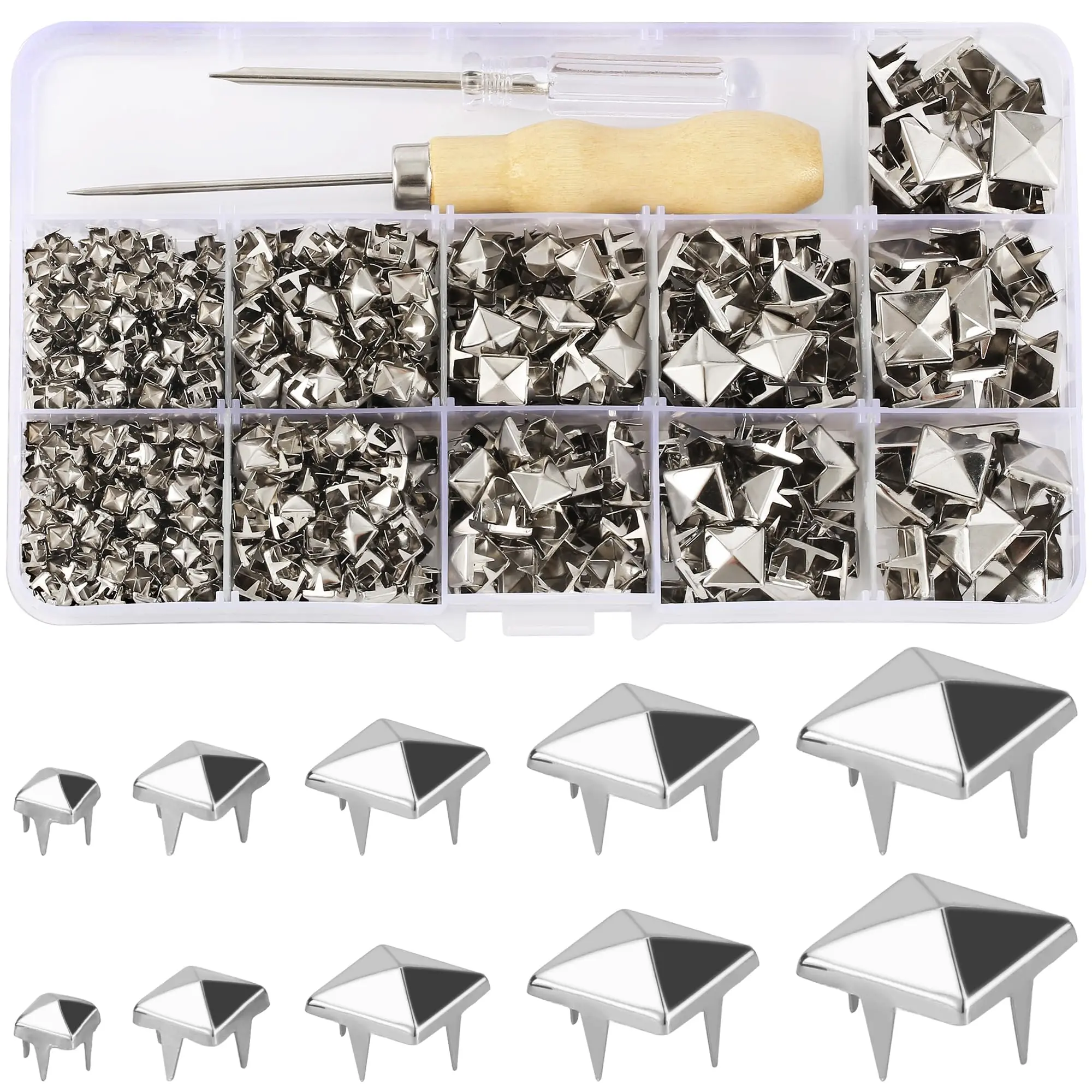 968 Assorted Sizes Square Pyramid Studs Prong for Clothing Leather Rivet Kit Spikes and Craft Belts Bags Shoes Bracelets Dog Collar Accessories (Silver)