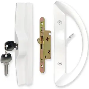 Patio Sliding Door Handle Set with Mortise Lock, Key Cylinder and Face Plate, Full Replacement Handle Lock Set Fits Door Thickness from 1-1/2" to 1-3/4", 3-15/16" Screw Hole Spacing, White