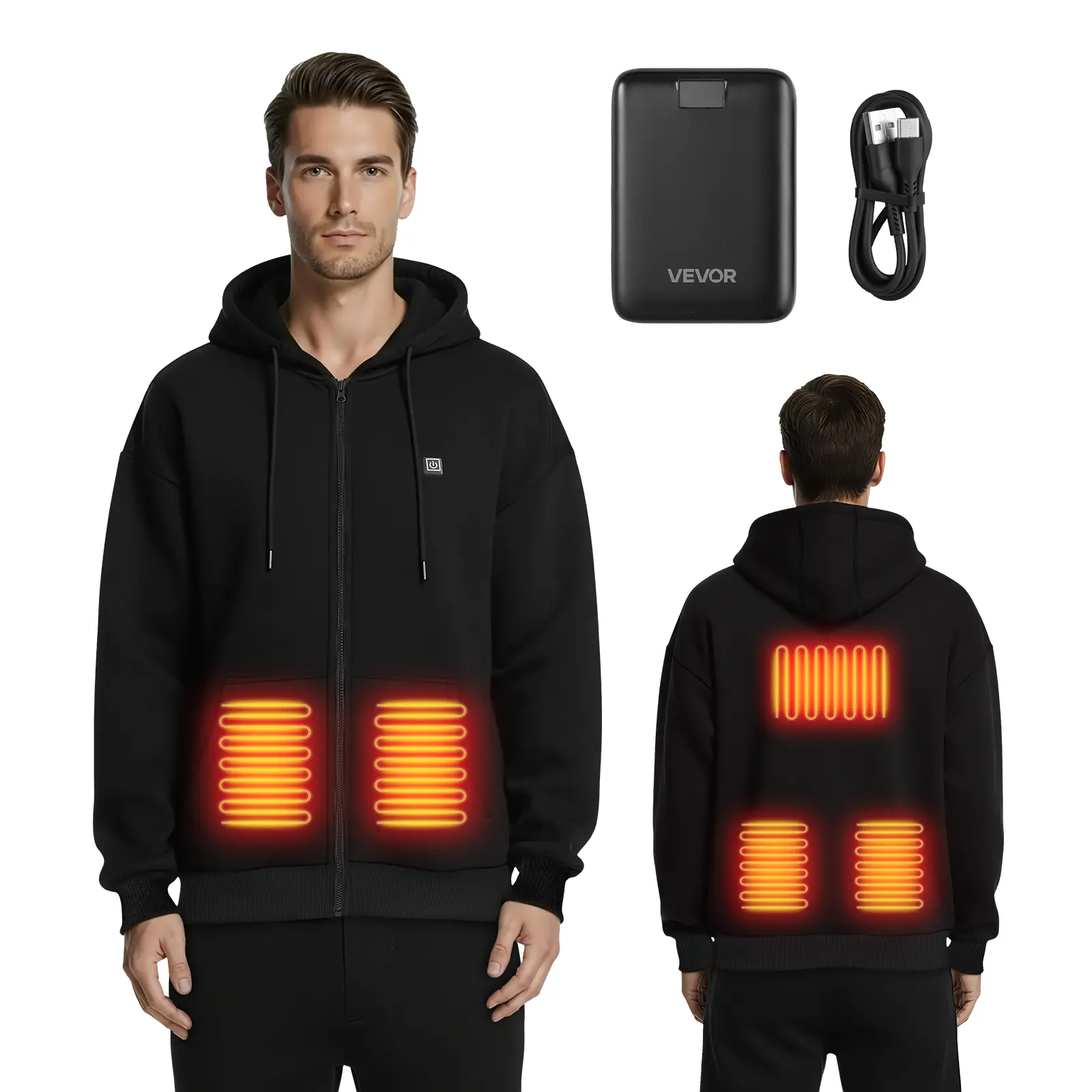 VEVOR Men's Casual Heated Hoodie Tops, Polyester-Cotton Smooth Fleece-Lined Zipper Zip-Up Sweatshirt, Neutral Silhouette, 5 Heat Zones, 16000mAh Power Bank, Versatile Layer Menswear